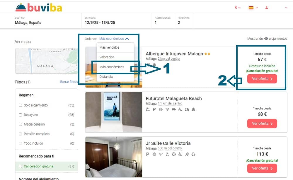 Filtro ordenar ofertas hoteles centro de Málaga por más baratos en buviba.com Filtro ordenar ofertas hoteles centro de Málaga por más baratos en buviba.com