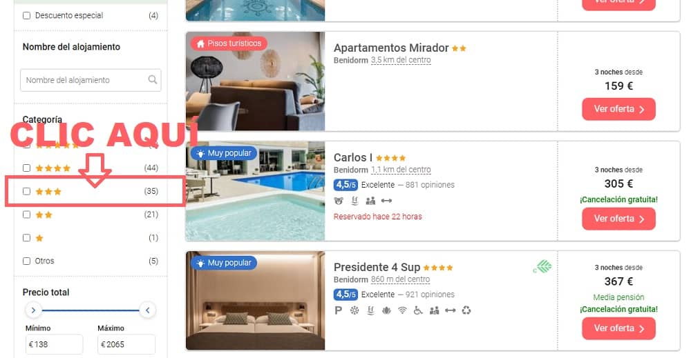 Filtro ordenar por hoteles 3 estrellas en Benidorm Filtro para ordenar hoteles de 3 estrellas en buviba.com