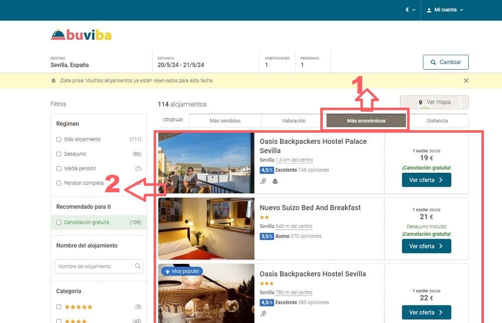 Ordenar resultados de búsqueda alojamiento en Sevilla más económicos paso 4